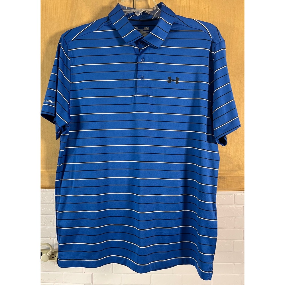 Under Armour Polo Shirt Mens Large Blue Striped HeatGear Coldblack Short Sleeve